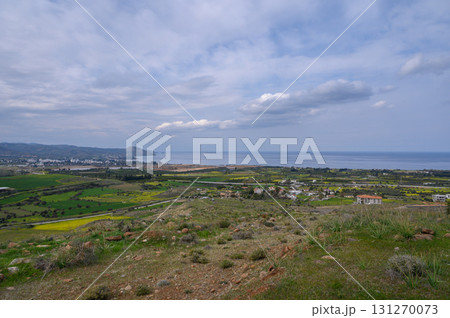 Breathtaking coastal view from hilltop overlooking vibrant landscape of Cyprus 131270073