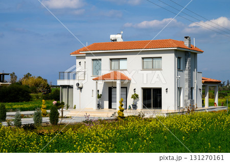 Charming modern house surrounded by blooming flowers in a sunny countryside landscape 131270161