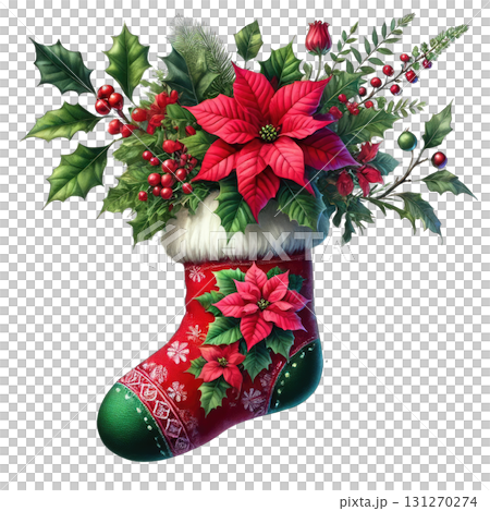 A festive Christmas stocking filled with vibrant poinsettia flowers and greenery, perfect for holiday decorations. 131270274