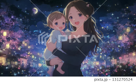 イルミネーションと赤ちゃんを抱っこするママ友 イルミネーションと赤ちゃんを抱っこするママ友 131270524