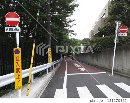 田園調布「どりこの坂」にある赤色舗装路と「自転車を除く」進入禁止標識 131270535