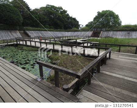 木製デッキの遊歩道が水面を巡る池と緑の斜面がある公園 木製デッキの遊歩道が水面を巡る池と緑の斜面がある公園 131270541