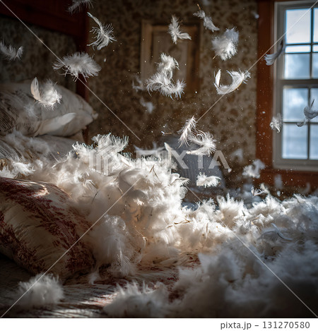 枕から舞い上がる羽根の幻想的な光景 131270580