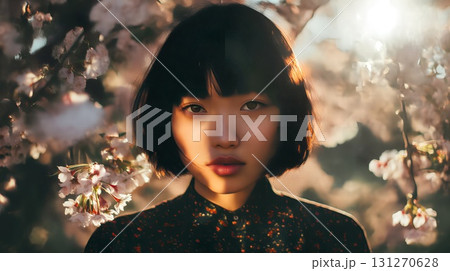 桜を背景にした女性ポートレート 131270628
