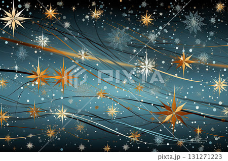 Beautiful Christmas background with golden snowflakes over blue backdrop. Generated AI 131271223