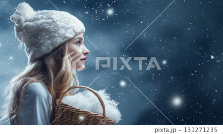 Christmas girl with a basket waiting for winter holiday miracles and gifts. Generated AI 131271235