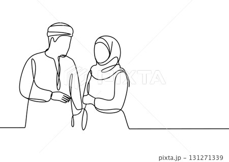 Muslim Couple in Love Continuous One Line Drawing Vector. Arabic Man and Woman in Hijab Vector Art. 131271339