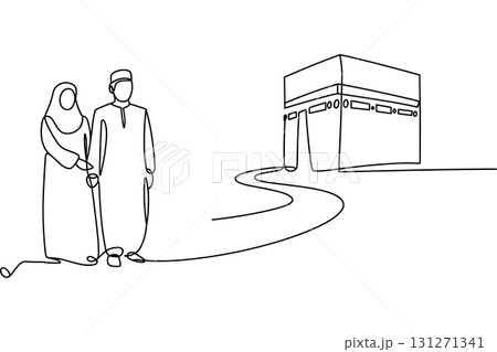 Muslim Couple at the Kaaba for Hajj Pilgrimage Continuous Line Drawing Vector. Islamic Vector Art. 131271341