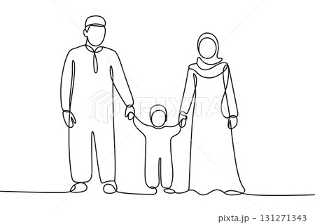 Happy Muslim Family Continuous One Line Drawing Vector. Arabic Parents with a Child Vector Illustration. 131271343