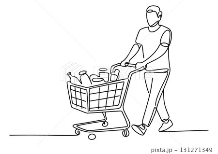 Man Pushing a Shopping Cart Continuous One Line Drawing Vector. Grocery and Supermarket Shopper Vector Art. Man Pushing a Shopping Cart Continuous One Line Drawing Vector. Grocery and Supermarket Shopper Vector Art. 131271349