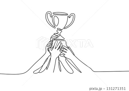 Team Hands Holding a Trophy Continuous One Line Drawing Vector. Teamwork, Success and Victory Vector Concept. 131271351