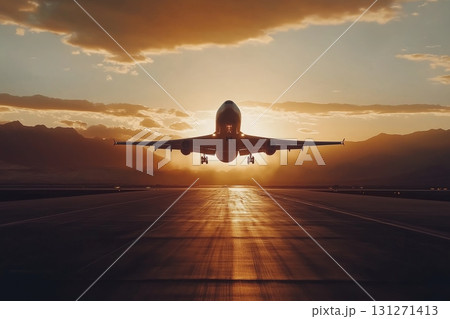 Airplane takes off from the runway against a vibrant sunset sky with clouds 131271413