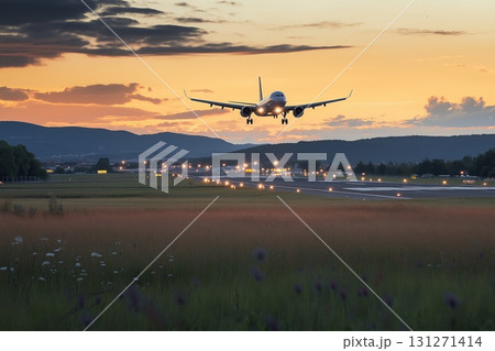 Airplane takes off from the runway against a vibrant sunset sky with clouds 131271414
