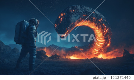 Astronaut encounters a giant fiery serpent in a surreal extraterrestrial landscape at night Astronaut encounters a giant fiery serpent in a surreal extraterrestrial landscape at night 131271440