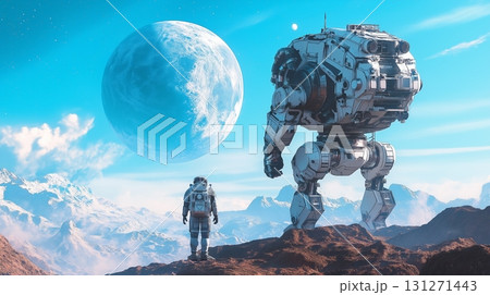 Exploring alien landscapes with a giant robotic companion under a distant planet and blue sky Exploring alien landscapes with a giant robotic companion under a distant planet and blue sky 131271443