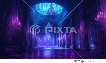 Majestic illuminated hall with colorful chandeliers and reflective surfaces during twilight hours 131271458