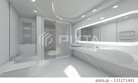 Render of a modern minimalist bathroom. Interior design concept for hotel or home. 131271481