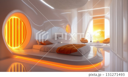 Modern bedroom design featuring soft curves and warm lighting in a futuristic style 131271493