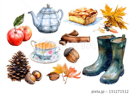 Autumn watercolor set with apples tea and boots 131271512