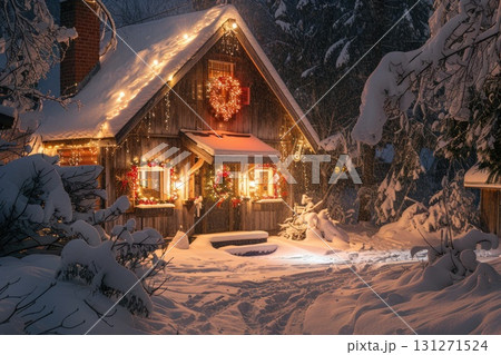 Wooden house decorated with Christmas wreaths and lights in snowy evening Wooden house decorated with Christmas wreaths and lights in snowy evening 131271524