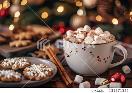 Hot chocolate with marshmallows and Christmas cookies 131271525