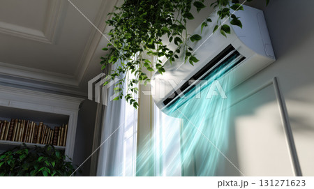 White air conditioner unit provides cooling and fresh air for ultimate home comfort. An indoor plant sits on top, promoting clean and healthy lifestyle atmosphere 131271623
