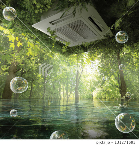 Conceptual fresh clean air from ceiling mounted air conditioner in surreal green forest with clear water. serene image of healthy living, cooling, and eco friendly technology 131271693