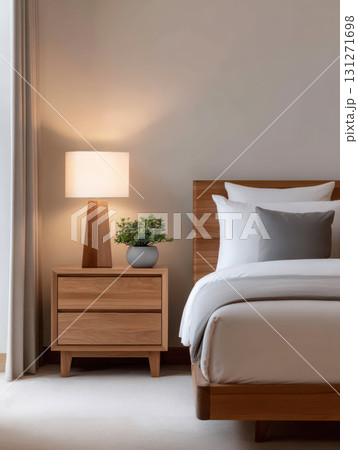 Calm and sophisticated bedroom interior design with modern wooden furniture. close up view of cozy bed, nightstand, and warm lamp creating relaxing mood 131271698