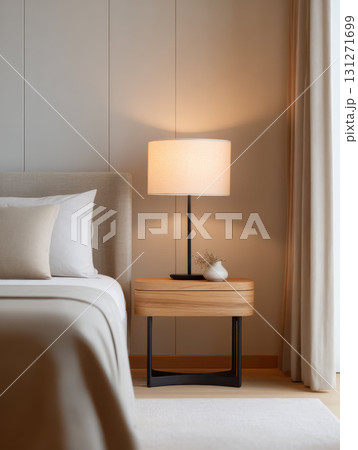 Cozy modern bedroom interior design at home. furniture, including bed and nightstand with lamp, create very relaxing and sophisticated feeling close up 131271699