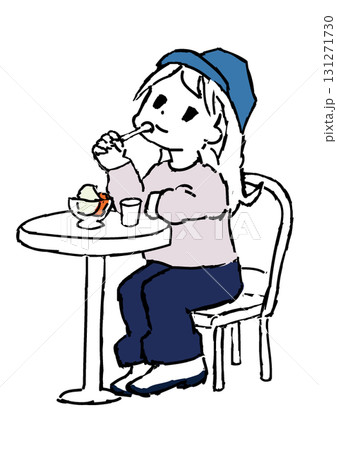 カフェでアイスクリームを食べてくつろぐ女の子のデフォルメイメージイラスト 131271730