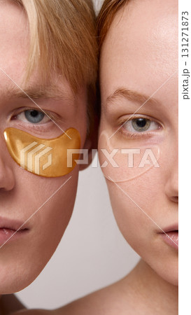 Close up skincare treatment with eye patches on young couple Close up skincare treatment with eye patches on young couple 131271873