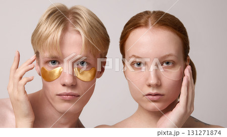Couple skincare routine with golden and hydrogel under eye patches Couple skincare routine with golden and hydrogel under eye patches 131271874