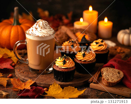 Cozy Halloween or Autumn still life with pumpkin spice latte and spooky spider cupcakes. A warm, festive treat table with candles, pumpkins, and fall leaves. 131271913