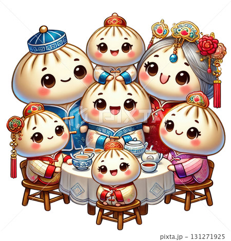 A delightful gathering of cartoon dumplings at a cheerful tea party. 131271925