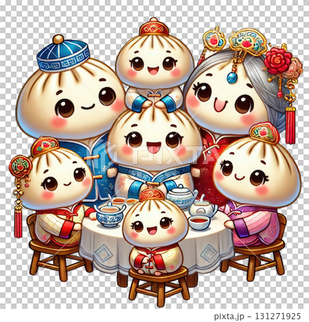 A delightful gathering of cartoon dumplings at a cheerful tea party. 131271925