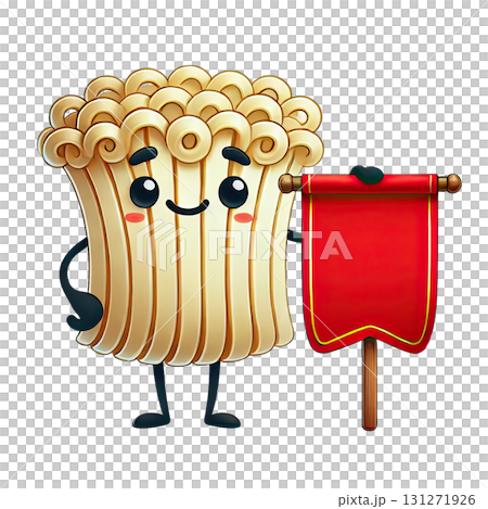 Cartoon character representing a cheerful noodle holding a red banner. Cartoon character representing a cheerful noodle holding a red banner. 131271926
