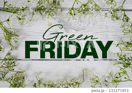 Green Friday text with artificial leaf decoration on wooden background Green Friday text with artificial leaf decoration on wooden background 131271953
