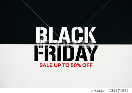 Black Friday Sale up to 50% off text on black and white background 131271982