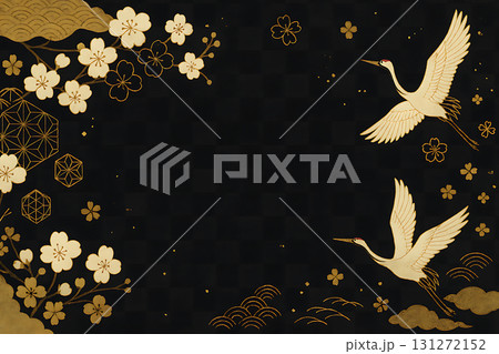 黒地に金の梅と鶴が舞う高級感ある和風背景 131272152