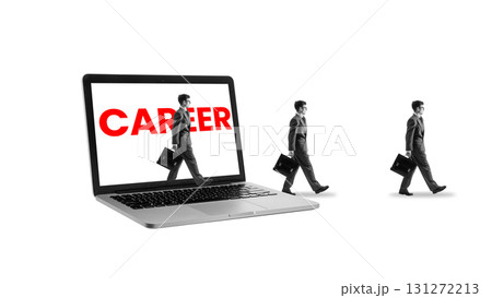 Abstract collage. Businessmen walking out of laptop screen with word career in bold red 131272213