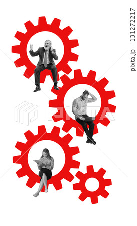 Modern collage. Business people trapped inside red gears symbolizing stressful workflow Modern collage. Business people trapped inside red gears symbolizing stressful workflow 131272217