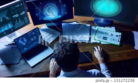 Professional using multiple holographic displays with AI-driven financial dashboards. Collage 131272238