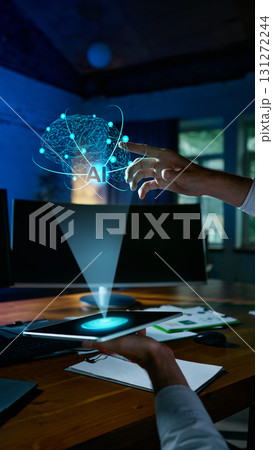 Scientist controlling holographic AI brain projection for advanced data research. Collage Scientist controlling holographic AI brain projection for advanced data research. Collage 131272244