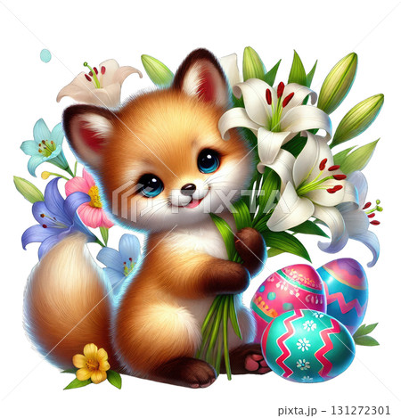 A cheerful fox holding flowers and colorful Easter eggs, celebrating spring joy. A cheerful fox holding flowers and colorful Easter eggs, celebrating spring joy. 131272301