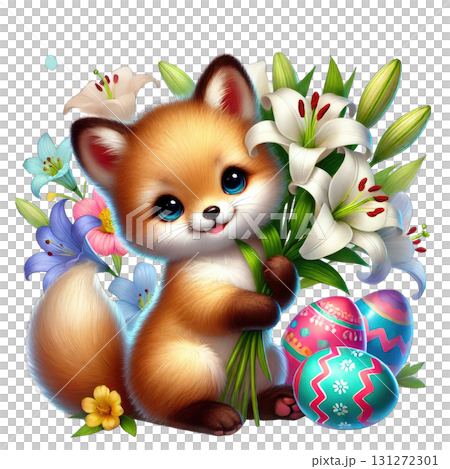 A cheerful fox holding flowers and colorful Easter eggs, celebrating spring joy. A cheerful fox holding flowers and colorful Easter eggs, celebrating spring joy. 131272301
