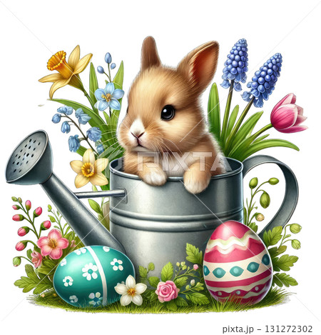 A cute bunny peeking from a watering can surrounded by colorful flowers and Easter eggs. A cute bunny peeking from a watering can surrounded by colorful flowers and Easter eggs. 131272302