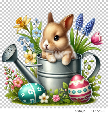 A cute bunny peeking from a watering can surrounded by colorful flowers and Easter eggs. A cute bunny peeking from a watering can surrounded by colorful flowers and Easter eggs. 131272302