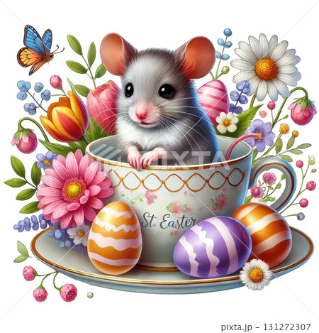 A cute mouse sitting in a floral teacup surrounded by colorful Easter eggs. 131272307