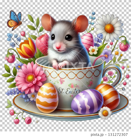 A cute mouse sitting in a floral teacup surrounded by colorful Easter eggs. 131272307