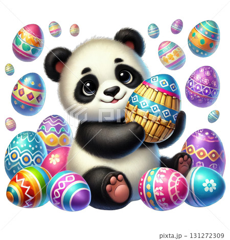 A cute panda holding a colorful Easter egg surrounded by decorated eggs. 131272309